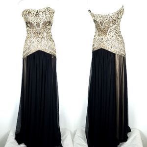 Sue Wong Black and Gold Strapless Embellished Maxi Dress
